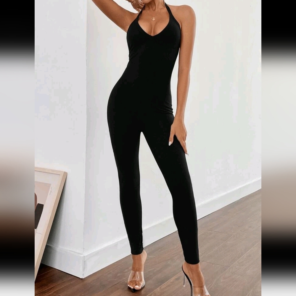 Cute Black Unitard Bodycon Halter Jumper